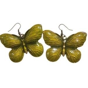 Butterflies Large Statement Moss Green Glitter Enamel  Butterfly Pierce Earrings